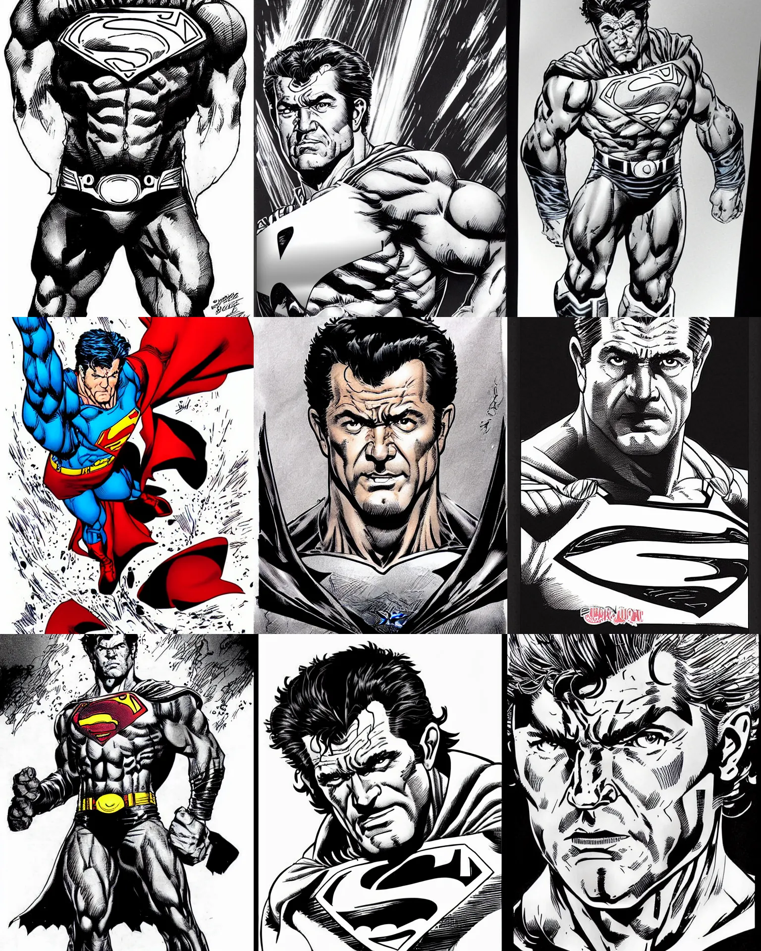 Prompt: mel gibson!!! jim lee!!! flat ink sketch by jim lee face close up headshot superman costume in the style of jim lee, x - men superhero comic book character by jim lee