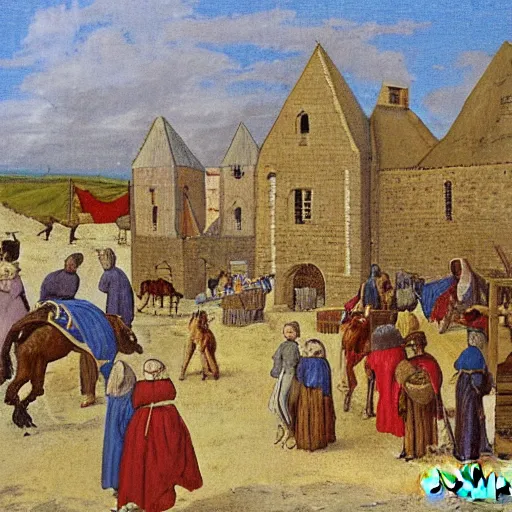 Image similar to a medieval horse market, by john how