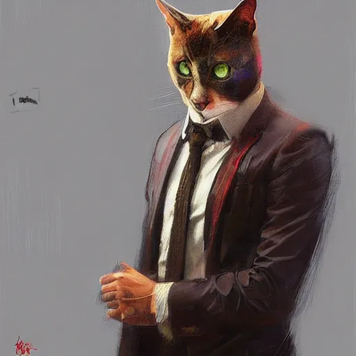 Image similar to A realistic hyperdetailed multi-colored digital oil full body portrait painting of a cat in a suit in the style of Guy Denning, Ruan Jia, and Craig Mullins. Trending on ArtStation and DeviantArt. CGSociety Digital art.