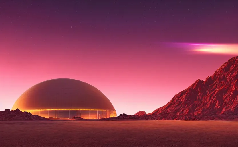 Prompt: a beautiful photo of a sci - fi scientific industrial facility localized in a desert, mountains in the background, patches of yellowish - red - magenta sky, sunset lighting, detailed, hazy, volumetric lighting, god rays, 8 k, cinematic