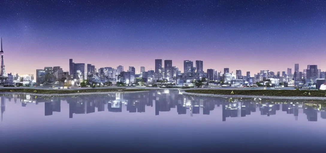 Prompt: very beautiful view of a modern japanese city at night, watery lake with accurate reflections, icy mountains in the background, calm clouds, starry sky with nebula, cinematic lighting, ultra detailed, sharp, ambient occlusion, raytracing, by dylan cole, sebastian meyer and jordan grimmer