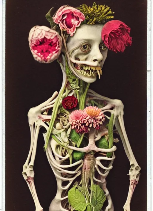 Image similar to beautiful and detailed rotten woman made of plants and many types of stylized flowers like carnation, chrysanthemum, roses and tulips, anatomica, intricate, organs, ornate, surreal, john constable, guy denning, gustave courbet, caravaggio, romero ressendi 1 9 1 0 polaroid photo