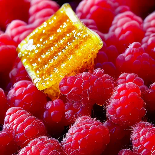 Image similar to high definition photo of a raspberry covered in honey, 4k, ring lighting, studio