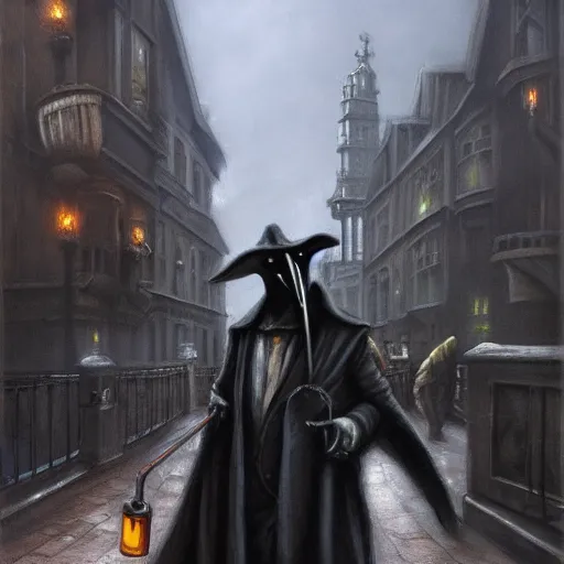 Prompt: plague doctor walking the streets of london by raymond swanland, highly detailed,