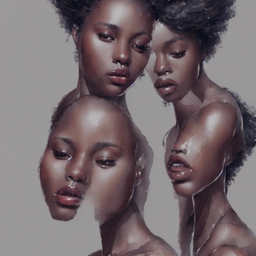 Prompt: beautiful watercolor painting of young black women, intricate, elegant, highly detailed, digital painting, artstation, concept art, smooth, sharp focus,, dynamic lighting, ultrarealistic, cinematic, octane render, 8 k