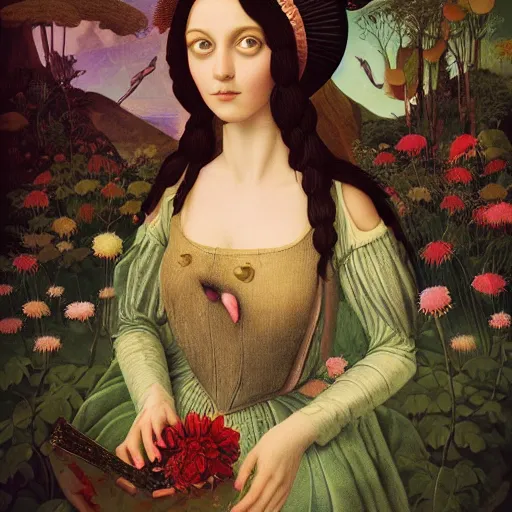 Image similar to a detailed portrait of young woman in renaissance dress and a surreal renaissance headdress, very surreal garden, cyberpunk, surreal tea party, strange creatures, by christian schloe and botticelli, naotto hattori, amy sol, roger dean, moody colors