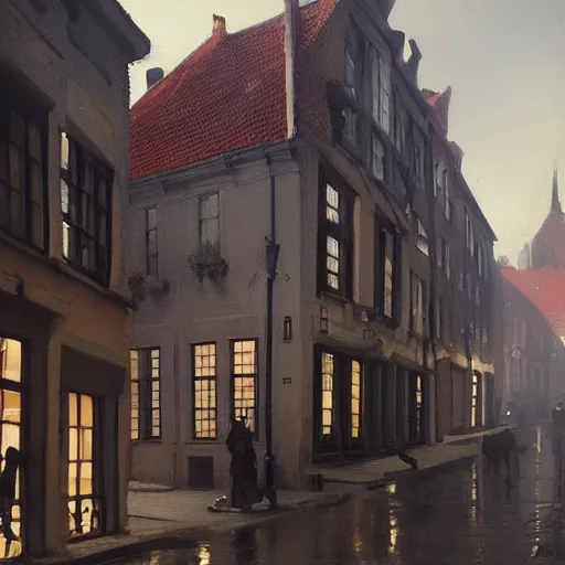 Image similar to a beautiful painting of a street of copenhagen by greg rutkowski and johannes vermeer trending on artstation