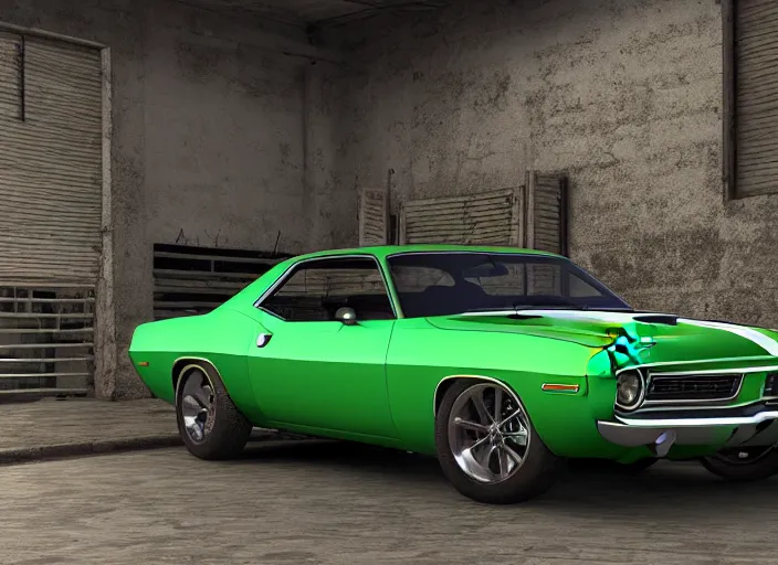 Image similar to hyperrealism, detailed textures, photorealistic 3 d render, a dreamy beach in cuba, a 1 9 7 0 hemi cuda with mopar green colour scheme, sharp focus, ultra realistic, ultra high pixel detail, cinematic, intricate, cinematic light, concept art, illustration, art station, unreal engine 8 k