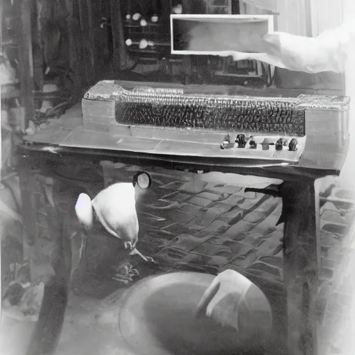 Image similar to a duck inventing the world's first computer, b & w photograph