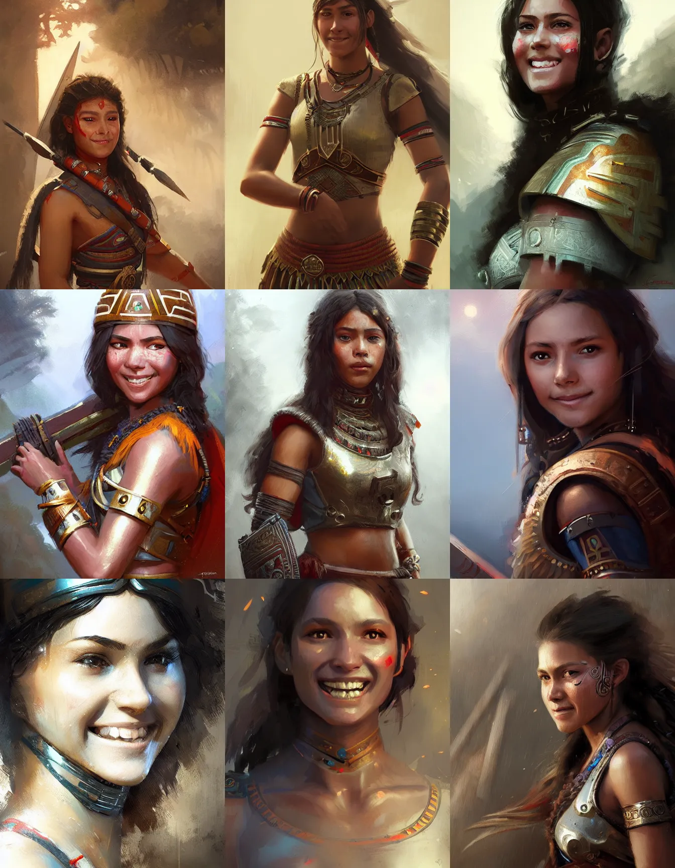 Prompt: young female aztec warrior, smiling, digital portrait by greg rutkowski, intricate, soft focus, highly detailed, cinematic, epic, artstation