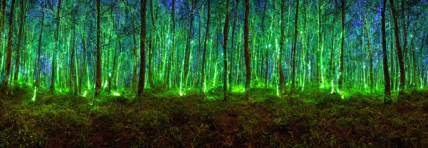 Image similar to a forest with glowing plants, magical, starts visible in the sky, wide shot, dramatic lighting