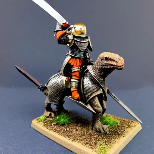 Image similar to Warhammer mini of medieval english knight with sword riding a dinosaur