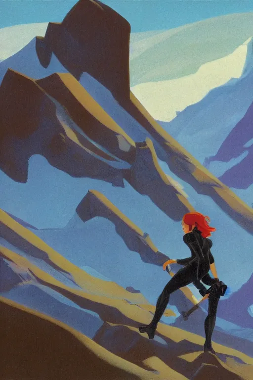 Image similar to black widow ( natasha romanova ) on mountains, marvel, artwork by nicholas roerich,