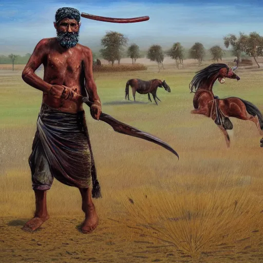 Image similar to portrait of head and body, single bangla farmer fighting, hand to hand combat with machete, full body view, long flowing hair, fighting for his life, nebula aura surrounding subject, horseback combat attacker foreground, islamic revolution, mongolian invasion of iraq, background of invading army, nestor canavarro hyperrealist art style, sharp brushstrokes