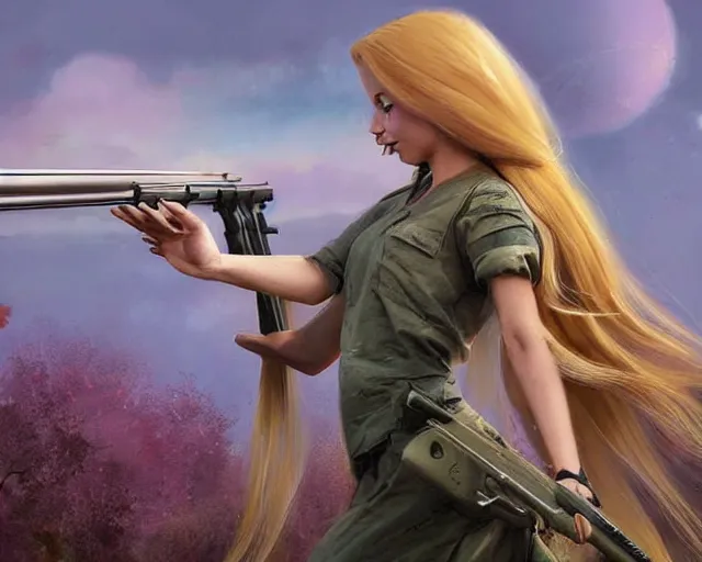 Prompt: disney princess with long blonde hair versus m 9 0 sniper rifle : : weta disney pixar movie still photo : : hi - fructose, decadent highly - detailed digital painting, golden ratio, octane render, artstation, smooth, sharp focus, artgerm, mucha, loish, wlop