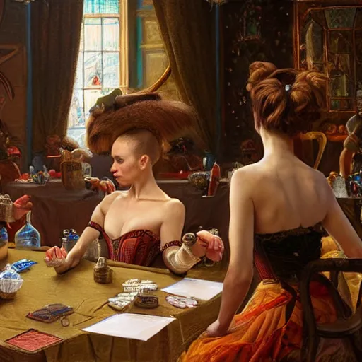 Image similar to a portrait of anthropomorphic ballerina sitting around a table in a tavern playing dice, furaffinity, by donato giancola and james gurney