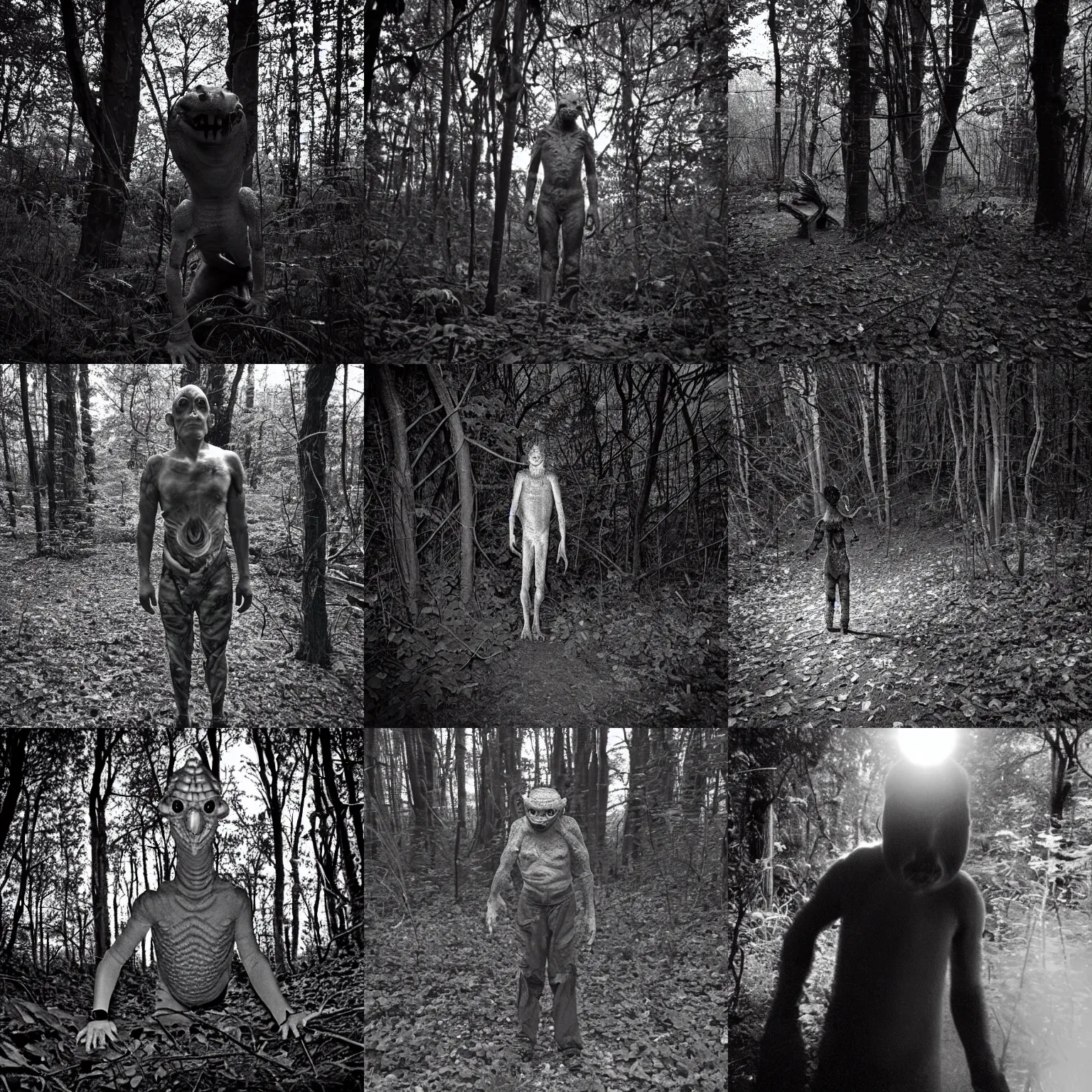 Prompt: creepy lizard person in the woods at night, trail camera black and white