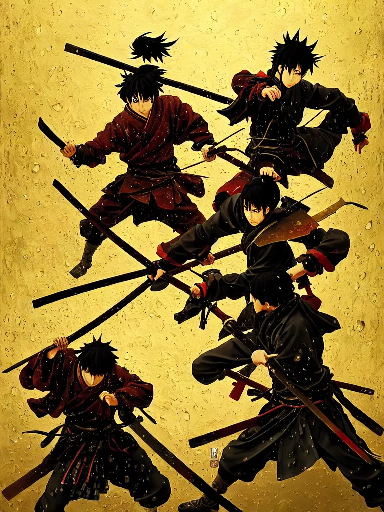 Image similar to baroque oil painting of key visual samurai duel, samurai armor, rain, brutalist fantasy, rule of thirds golden ratio, fake detail, trending pixiv fanbox, acrylic palette knife, style of makoto shinkai takashi takeuchi yoshiyuki sadamoto