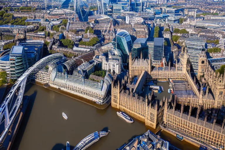 Image similar to an aerial view of a london city with a river running through it, a tilt shift photo by christopher wren, featured on cg society, new objectivity, uhd image, tilt shift, high dynamic range