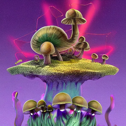 Prompt: Snail and Mushroom Hybrid, bipedal creatures, in the style of John Coulthart, vaporwave, volumetric lighting, maximalist, surrealism