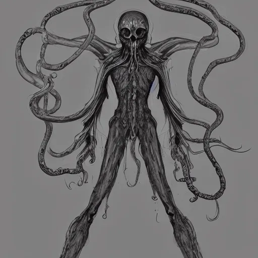 Prompt: concept turnaround page of a humanoid ethereal wraith like being with a squid like parasite merged onto its transparent skull and long tentacle arms that flow lazily but gracefully at its sides and act as a cloak while it floats around a long forgotten stone village, it gets its power from the light of the moon and the fear of its prey, it has a very loud screech attack, this character has cryokinesis and umbrakinesis and is for the franchise Bloodborne with inspiration from the silent hill frachise, resident evil, and the video game evolve by turtle rock studios