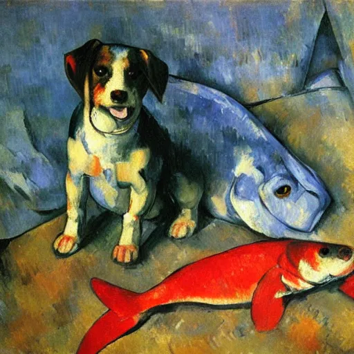 Image similar to dog with red fishes, by cezanne, oil on canvas