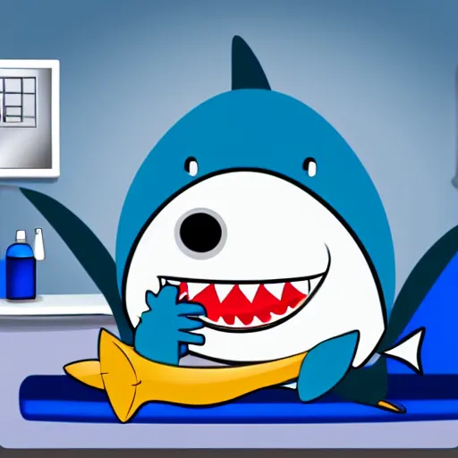 Prompt: cartoon shark having dental work in the dentist chair