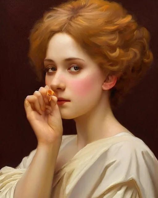 Image similar to a girl rolling a joint, beautiful face, oil on canvas, artstation, by j. c. leyendecker and edmund blair leighton and charlie bowater, beautiful face, octane, very aesthetic!!!!!!!!!!!!!!! stunning gorgeous big eyes
