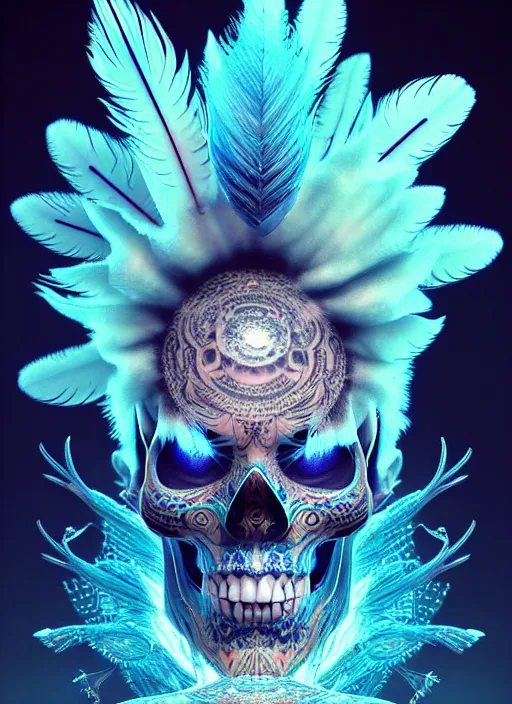 Image similar to 3 d shaman with tattoos profile portrait, sigma 5 0 0 mm f / 5. beautiful intricate highly detailed skull and feathers and hairs and tattoos. bioluminescent, plasma, frost, water, wind, creature, gradient background, thunderstorm! artwork by tooth wu and wlop and beeple and greg rutkowski, 8 k trending on artstation,