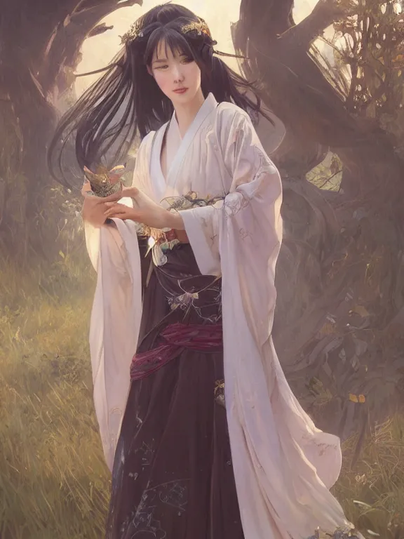 Image similar to beautiful seductive girl wearing hanfu, farm background, fantasy, d & d, dark eyeliner, intricate, elegant, highly detailed, digital painting, artstation, concept art, matte, sharp focus, illustration, art by greg rutkowski and alphonse mucha