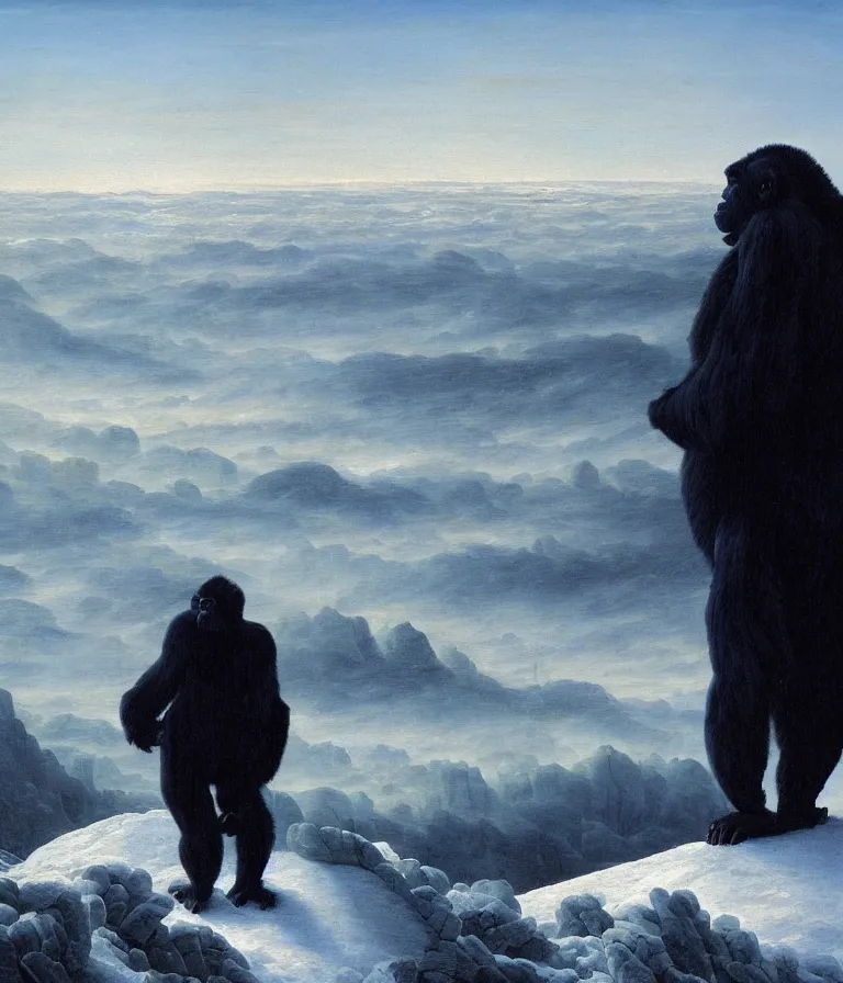 Prompt: a painting in the style of caspar david friedrich's wanderer above the sea of fog of a gorilla in a navy blue trench coat standing above a wasteland of snow