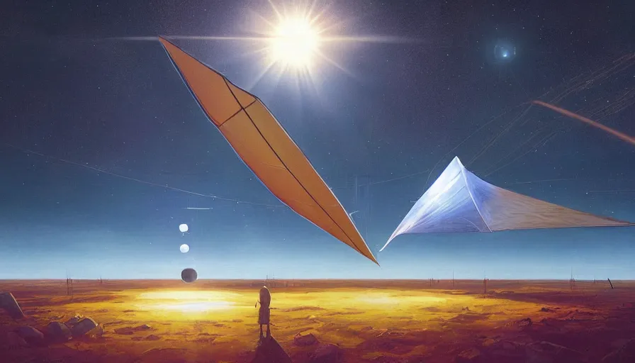 Prompt: solar sail unfolding infront of sun, in space, earth visible below, simon stalenhag