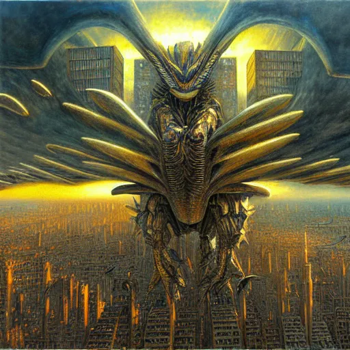 Prompt: winged kaiju attacks the city, atmospheric lighting, painted, intricate, golden hour, ultra detailed by peter gric, giger, enki bilal