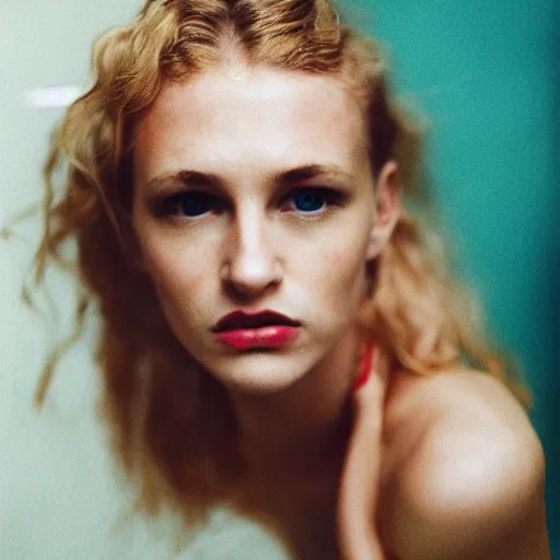 Image similar to realistic photoshoot for a new nike lookbook, color film photography, portrait of a beautiful blonde woman, in style of nan goldin, 35mm