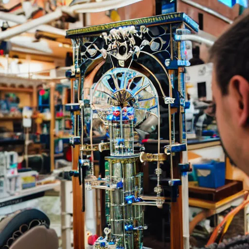 Image similar to a random pointlessly elaborate intricate contraption pneumatic machine with no apparent purpose, being operated by a scholarly looking man with a clear directed gaze, xf iq 4, f / 1. 4, iso 2 0 0, 1 / 1 6 0 s, 8 k, raw, unedited, symmetrical balance, in - frame