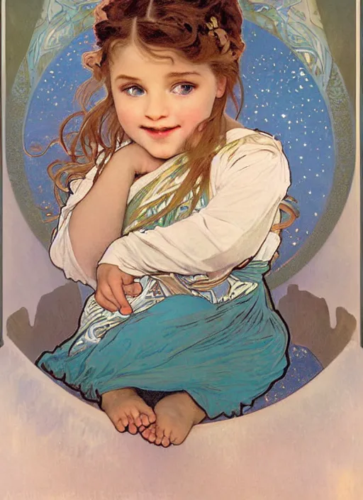 Image similar to a cute little girl with a round cherubic face, blue eyes, and short wavy light brown hair smiles as she floats in space with stars all around her. she is wearing a turquoise dress. beautiful painting by alphonse mucha and artgerm and greg rutkowski