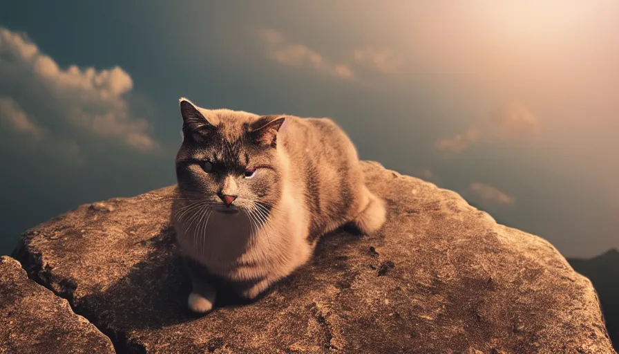 Image similar to a cat standing on the peak of a mountain, looking up, realistic, epic lighting, epic composition, 4 k