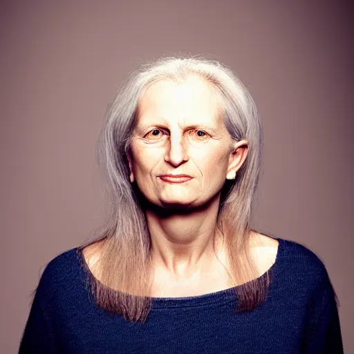 Image similar to portrait of a beautiful woman, front view. casual clothing. studio photo by annie leibovitz.