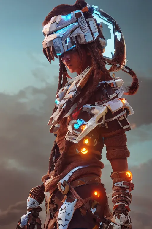 Image similar to combination suit armor aloy horizon forbidden west horizon zero dawn robot ninja mask helmet backpack tribal, aesthetic octane render, 8 k hd resolution, by ilya kuvshinov and cushart krentz and gilleard james radiating a glowing aura cgi rtx 2 0 2 2