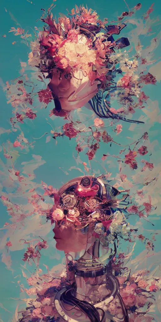 Image similar to surreal gouache painting, by yoshitaka amano, by ruan jia, by conrad roset, by kilian eng, by good smile company, detailed anime 3 d render of a mechanical android head with flowers growing out, portrait, cgsociety, artstation, modular patterned mechanical costume and headpiece, retrowave atmosphere