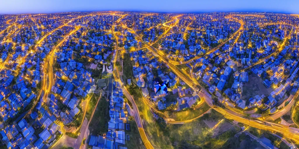 Prompt: Night view of suburb streets and residential apartment buildings in the distance. 3d spherical panorama with 360 viewing angle ready for virtual reality or vr. full equirectangular projection. low angle eye level view