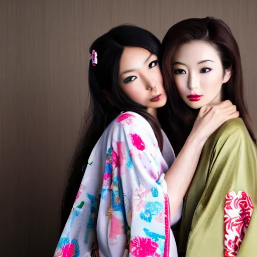 Prompt: beautiful japanese model in half open kimono kissing another girl on cheek