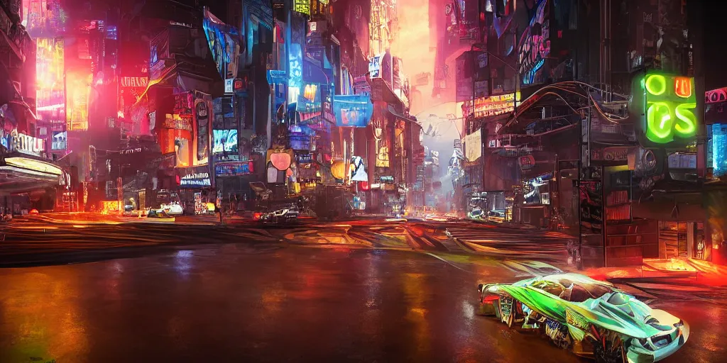 Image similar to a 3 d rendered in unreal engine guatemalan cyberpunk city with neon ads and signs with evocative dramatic mood with blade runner vibe with cars with motion blur with depth of field with bloom with lightshaft with volumetric lights, fog, by scott robertson, oscar winning graphics, photo realistic, bloom, imax, dynamic lighting, artstation,