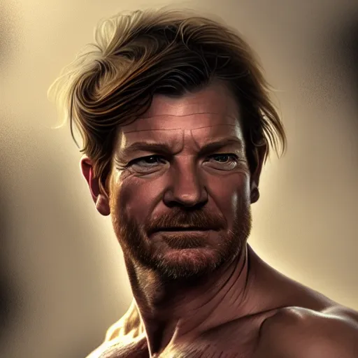 Prompt: rugged jason bateman, handsome, D&D, upper body, muscular, hairy torso, fantasy, intricate, elegant, highly detailed, digital painting, artstation, concept art, smooth, sharp focus, illustration, art by artgerm and greg rutkowski and alphonse mucha