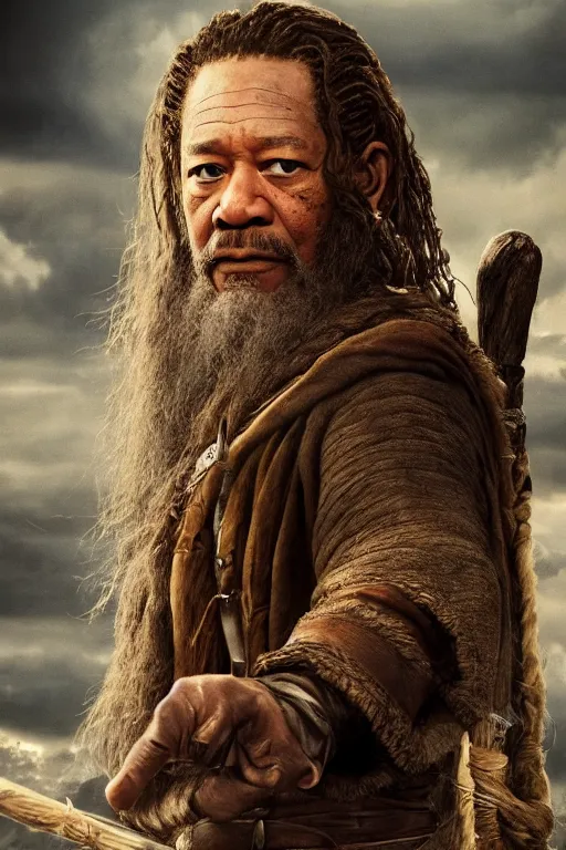 Image similar to morgan freeman starring as gimli in lord of the rings, full body, oil on canvas, intricate, 8 k highly professionally detailed, hdr, cgsociety