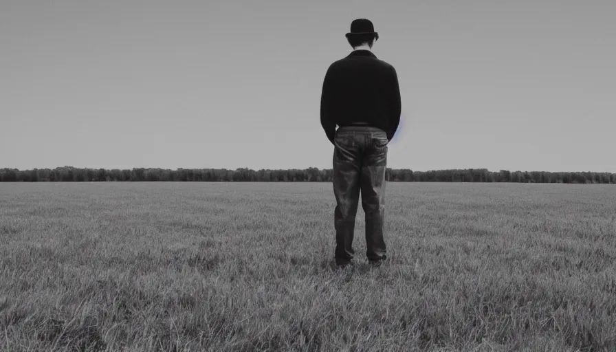 Prompt: a man standing, large open field