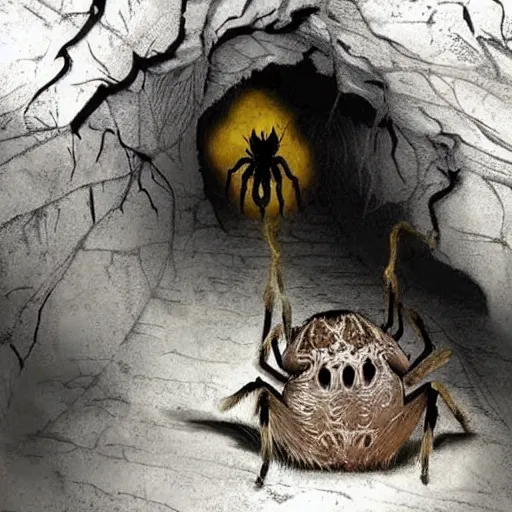 Image similar to a deep cave with a spider waiting in the shadows. fantasy. atmospheric. scaring. very detailed.