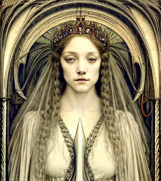 Image similar to detailed realistic beautiful young medieval queen face portrait by jean delville, gustave dore and marco mazzoni, art nouveau, symbolist, visionary, gothic, pre - raphaelite. horizontal symmetry