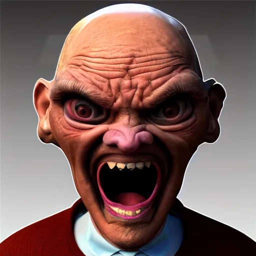 Image similar to a profile picture, old man screaming into camera, fish eye lens, deep wrinkes!!!!!, old,, trending on artstation, scary, funny, highly detailed, 8 k,