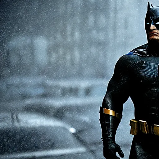 Image similar to Dwayne Johnson as Spiderbatman , under rain, dramatic, sad ambience, an film still